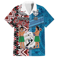 Personalised Aotearoa and Fiji Together Family Matching Off Shoulder Maxi Dress and Hawaiian Shirt Melanesian Warrior and Koru - Taniko with Hibiscus Tapa Pattern