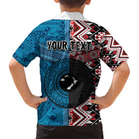 Personalised Aotearoa and Fiji Together Family Matching Short Sleeve Bodycon Dress and Hawaiian Shirt Melanesian Warrior and Koru - Taniko with Hibiscus Tapa Pattern