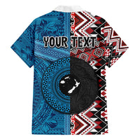 Personalised Aotearoa and Fiji Together Family Matching Short Sleeve Bodycon Dress and Hawaiian Shirt Melanesian Warrior and Koru - Taniko with Hibiscus Tapa Pattern