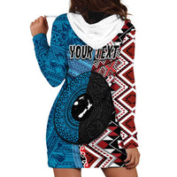 Personalised Aotearoa and Fiji Together Hoodie Dress Melanesian Warrior and Koru - Taniko with Hibiscus Tapa Pattern LT03 - Polynesian Pride