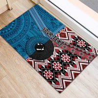 Personalised Aotearoa and Fiji Together Rubber Doormat Melanesian Warrior and Koru - Taniko with Hibiscus Tapa Pattern