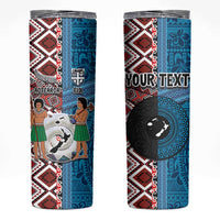 Personalised Aotearoa and Fiji Together Skinny Tumbler Melanesian Warrior and Koru - Taniko with Hibiscus Tapa Pattern LT03 Blue - Polynesian Pride
