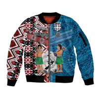 Personalised Aotearoa and Fiji Together Sleeve Zip Bomber Jacket Melanesian Warrior and Koru - Taniko with Hibiscus Tapa Pattern