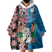 Personalised Aotearoa and Fiji Together Wearable Blanket Hoodie Melanesian Warrior and Koru - Taniko with Hibiscus Tapa Pattern
