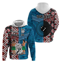 Personalised Aotearoa and Fiji Together Zip Hoodie Melanesian Warrior and Koru - Taniko with Hibiscus Tapa Pattern