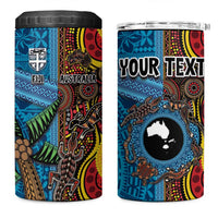 Personalised Australia and Fiji Together 4 in 1 Can Cooler Tumbler Tribal Palm Tree with Tapa and Aboriginal Animals Half Style