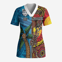 Personalised Australia and Fiji Together Scrub Top Tribal Palm Tree with Tapa and Aboriginal Animals Half Style - Polynesian Pride