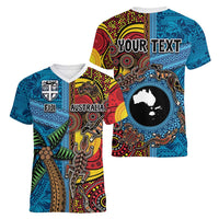Personalised Australia and Fiji Together Women V-Neck T-Shirt Tribal Palm Tree with Tapa and Aboriginal Animals Half Style LT03 - Polynesian Pride