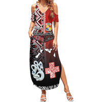 Personalised Aotearoa and Tonga Together Summer Maxi Dress Manaia and Tongan Tribal Cross - Taniko and Ngatu Art Tattoo LT03 Women Red - Polynesian Pride