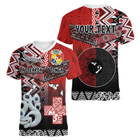 Personalised Aotearoa and Tonga Together Women V-Neck T-Shirt Manaia and Tongan Tribal Cross - Taniko and Ngatu Art Tattoo LT03 - Polynesian Pride