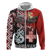 Personalised Aotearoa and Tonga Together Zip Hoodie Manaia and Tongan Tribal Cross - Taniko and Ngatu Art Tattoo LT03 Zip Hoodie Red - Polynesian Pride