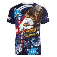 American Samoa Flag Day Women V-Neck T-Shirt Bald Eagle with Uatogi and Fue - Polynesian and Floral Tribal Tattoo
