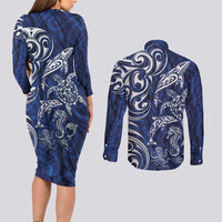 New Zealand Connecting with Seas Couples Matching Long Sleeve Bodycon Dress and Long Sleeve Button Shirt Maori Tribal and Sea Animals Tattoo - White Glass Style LT03 - Polynesian Pride
