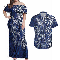 New Zealand Connecting with Seas Couples Matching Off Shoulder Maxi Dress and Hawaiian Shirt Maori Tribal and Sea Animals Tattoo - White Glass Style