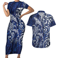 New Zealand Connecting with Seas Couples Matching Short Sleeve Bodycon Dress and Hawaiian Shirt Maori Tribal and Sea Animals Tattoo - White Glass Style