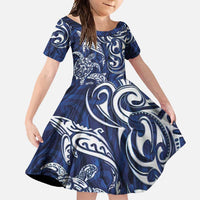 New Zealand Connecting with Seas Family Matching Off Shoulder Maxi Dress and Hawaiian Shirt Maori Tribal and Sea Animals Tattoo - White Glass Style