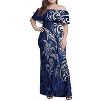 New Zealand Connecting with Seas Family Matching Off Shoulder Maxi Dress and Hawaiian Shirt Maori Tribal and Sea Animals Tattoo - White Glass Style