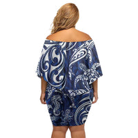 New Zealand Connecting with Seas Family Matching Off Shoulder Short Dress and Hawaiian Shirt Maori Tribal and Sea Animals Tattoo - White Glass Style