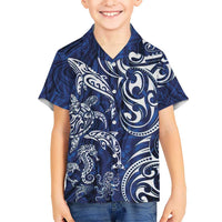 New Zealand Connecting with Seas Kid Hawaiian Shirt Maori Tribal and Sea Animals Tattoo - White Glass Style