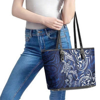 New Zealand Connecting with Seas Leather Tote Bag Maori Tribal and Sea Animals Tattoo - White Glass Style