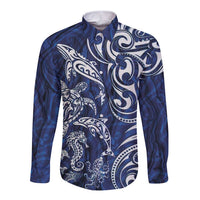 New Zealand Connecting with Seas Long Sleeve Button Shirt Maori Tribal and Sea Animals Tattoo - White Glass Style LT03 Unisex Navy - Polynesian Pride