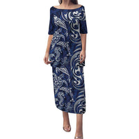 New Zealand Connecting with Seas Puletasi Maori Tribal and Sea Animals Tattoo - White Glass Style LT03 Long Dress Navy - Polynesian Pride
