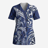 New Zealand Connecting with Seas Scrub Top Maori Tribal and Sea Animals Tattoo - White Glass Style - Polynesian Pride