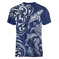 New Zealand Connecting with Seas Women V-Neck T-Shirt Maori Tribal and Sea Animals Tattoo - White Glass Style LT03 - Polynesian Pride