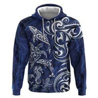 New Zealand Connecting with Seas Zip Hoodie Maori Tribal and Sea Animals Tattoo - White Glass Style LT03 Pullover Hoodie Navy - Polynesian Pride