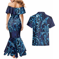 New Zealand Connecting with Seas Couples Matching Mermaid Dress and Hawaiian Shirt Maori Tribal and Sea Animals Tattoo - Sea Texture Glass Style