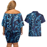 New Zealand Connecting with Seas Couples Matching Off Shoulder Short Dress and Hawaiian Shirt Maori Tribal and Sea Animals Tattoo - Sea Texture Glass Style