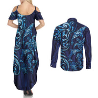 New Zealand Connecting with Seas Couples Matching Summer Maxi Dress and Long Sleeve Button Shirt Maori Tribal and Sea Animals Tattoo - Sea Texture Glass Style LT03 - Polynesian Pride