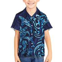 New Zealand Connecting with Seas Family Matching Tank Maxi Dress and Hawaiian Shirt Maori Tribal and Sea Animals Tattoo - Sea Texture Glass Style