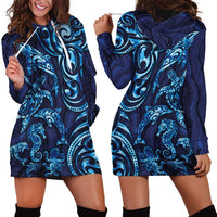 New Zealand Connecting with Seas Hoodie Dress Maori Tribal and Sea Animals Tattoo - Sea Texture Glass Style LT03 - Polynesian Pride