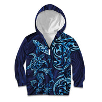 New Zealand Connecting with Seas Kid Hoodie Maori Tribal and Sea Animals Tattoo - Sea Texture Glass Style