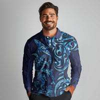 New Zealand Connecting with Seas Long Sleeve Polo Shirt Maori Tribal and Sea Animals Tattoo - Sea Texture Glass Style
