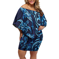 New Zealand Connecting with Seas Off Shoulder Short Dress Maori Tribal and Sea Animals Tattoo - Sea Texture Glass Style LT03 Women Navy - Polynesian Pride