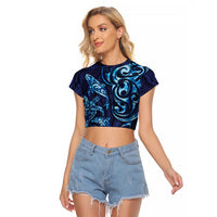 New Zealand Connecting with Seas Raglan Cropped T Shirt Maori Tribal and Sea Animals Tattoo - Sea Texture Glass Style LT03 Female Navy - Polynesian Pride