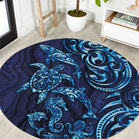 New Zealand Connecting with Seas Round Carpet Maori Tribal and Sea Animals Tattoo - Sea Texture Glass Style LT03 Navy - Polynesian Pride