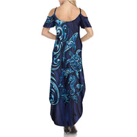 New Zealand Connecting with Seas Summer Maxi Dress Maori Tribal and Sea Animals Tattoo - Sea Texture Glass Style LT03 - Polynesian Pride