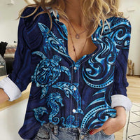 New Zealand Connecting with Seas Women Casual Shirt Maori Tribal and Sea Animals Tattoo - Sea Texture Glass Style