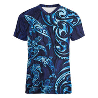 New Zealand Connecting with Seas Women V-Neck T-Shirt Maori Tribal and Sea Animals Tattoo - Sea Texture Glass Style LT03 Female Navy - Polynesian Pride
