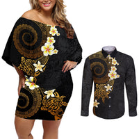 Polynesian Spiral Tribal Tattoo Couples Matching Off Shoulder Short Dress and Long Sleeve Button Shirt Golden Color LT03 Yellow - Polynesian Pride