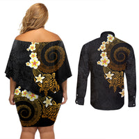 Polynesian Spiral Tribal Tattoo Couples Matching Off Shoulder Short Dress and Long Sleeve Button Shirt Golden Color
