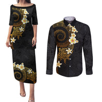 Polynesian Spiral Tribal Tattoo Couples Matching Puletasi and Long Sleeve Button Shirt Golden Color LT03 Yellow - Polynesian Pride