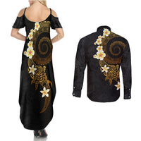 Polynesian Spiral Tribal Tattoo Couples Matching Summer Maxi Dress and Long Sleeve Button Shirt Golden Color LT03 - Polynesian Pride