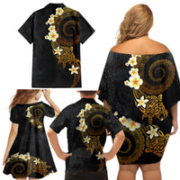 Polynesian Spiral Tribal Tattoo Family Matching Off Shoulder Short Dress and Hawaiian Shirt Golden Color
