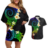 Polynesian Spiral Tribal Tattoo Couples Matching Off Shoulder Short Dress and Hawaiian Shirt Fanciful Color LT03 Black - Polynesian Pride
