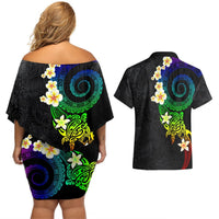 Polynesian Spiral Tribal Tattoo Couples Matching Off Shoulder Short Dress and Hawaiian Shirt Fanciful Color LT03 - Polynesian Pride