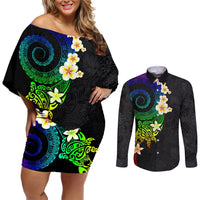 Polynesian Spiral Tribal Tattoo Couples Matching Off Shoulder Short Dress and Long Sleeve Button Shirt Fanciful Color LT03 Black - Polynesian Pride